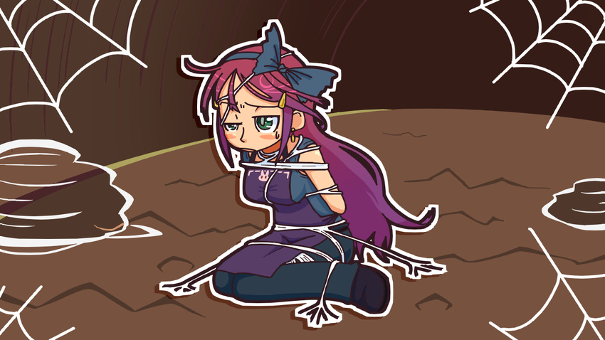 annoyed apron blush breasts earrings entangled gameplay_mechanics green_eyes hair_ornament hairband jewelry liczka long_hair medium_breasts purple_hair silk sitting sleeveless solo spider_web stylist_(terraria) terraria wariza