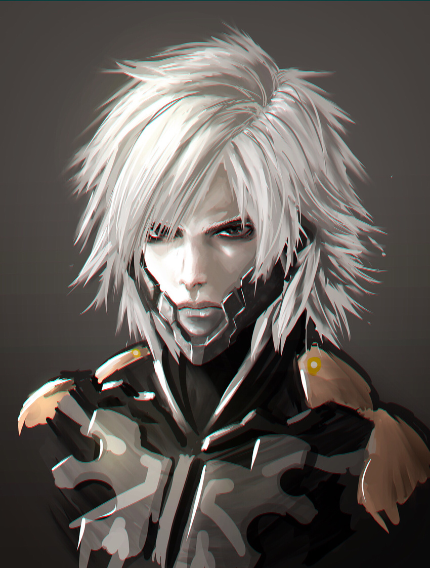 absurdres cyborg deluxe&lt;&lt;&lt; grey_eyes highres male_focus messy_hair metal_gear_(series) metal_gear_solid_4 raiden silver_hair solo