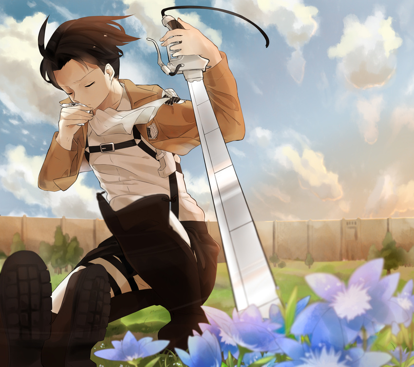 belt_buckle blue_flower blurry boots brown_jacket buckle closed_eyes cloud cravat cropped_jacket day defensive_wall depth_of_field emblem field flower flower_request highres jacket kneeling levi_(shingeki_no_kyojin) male_focus paradis_military_uniform run723 shingeki_no_kyojin shirt sky solo_focus sunset survey_corps sword thigh_strap three-dimensional_maneuver_gear training_corps_(emblem) tree wall weapon white_shirt