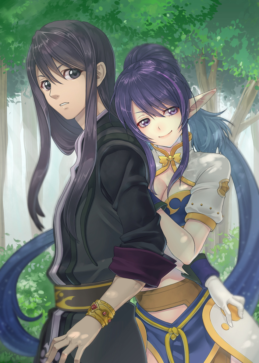 1girl bad_id bad_pixiv_id black_eyes black_hair blue_hair bracelet breasts cleavage gloves hair_bun hidari_kirie highres jewelry judith long_hair medium_breasts midriff multicolored_hair pointy_ears purple_eyes purple_hair smile tales_of_(series) tales_of_vesperia twintails two-tone_hair very_long_hair yuri_lowell