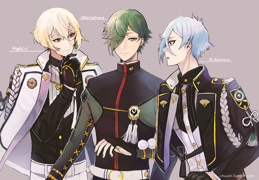 black_gloves blonde_hair blue_hair character_name gloves green_eyes green_hair hair_over_one_eye higekiri_(touken_ranbu) hizamaru_(touken_ranbu) male_focus military military_uniform multiple_boys obo red_eyes revision smile touken_ranbu uguisumaru uniform