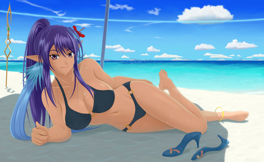 anklet barefoot beach bikini black_bikini blue_hair breasts cleavage dark_blue_hair flower hair_flower hair_ornament hibiscus high_heels highres jewelry judith kurosuke_(kgka9751) large_breasts long_hair looking_at_viewer multicolored_hair o-ring o-ring_bikini ocean pointy_ears purple_eyes purple_hair sandals sandals_removed shoes_removed sidelocks solo swimsuit tales_of_(series) tales_of_vesperia tri_tails two-tone_hair wet