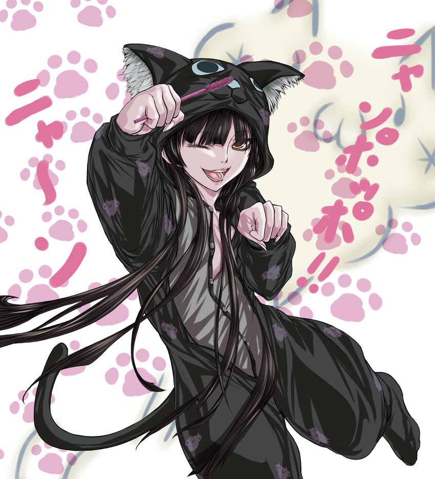 animal_costume animal_ears animal_hood animal_print auge_(akd) bangs black_hair blunt_bangs cat_costume cat_ears cat_hood cat_print cat_tail cat_teaser clenched_hand cosplay fake_animal_ears fake_tail fingernails highres hood kanoe_yuuko kigurumi long_fingernails long_hair paw_pose paw_print red_eyes solo tail tasogare_otome_x_amnesia translation_request