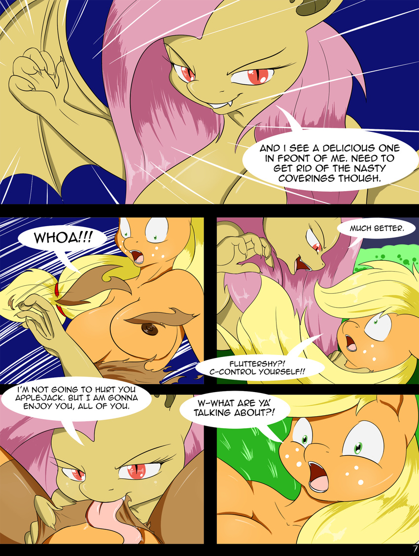 2016 anthro anthrofied applejack_(mlp) areola bat_pony big_breasts blonde_hair breasts clothing comic dialogue duo earth_pony english_text equine eye_contact fangs female female/female flutterbat_(mlp) fluttershy_(mlp) freckles friendship_is_magic grass green_eyes hair half-closed_eyes hi_res horse long_hair long_tongue mammal my_little_pony nipples open_mouth outside pink_hair pony suirano text tongue tongue_out torn_clothing wings