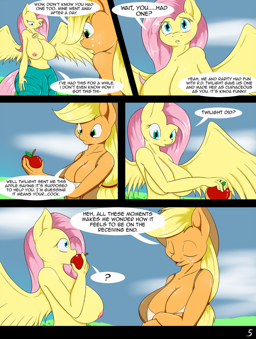 2016 ? anthro anthrofied apple applejack_(mlp) big_breasts blonde_hair breasts bulge cleavage clothed clothing comic crossed_arms dialogue duo earth_pony english_text equine eyes_closed female fluttershy_(mlp) food freckles friendship_is_magic fruit green_eyes hair half-dressed hat hi_res holding_(disambiguation) horse huge_breasts long_hair mammal my_little_pony nipples outside pegasus pink_hair pony suirano text topless wings