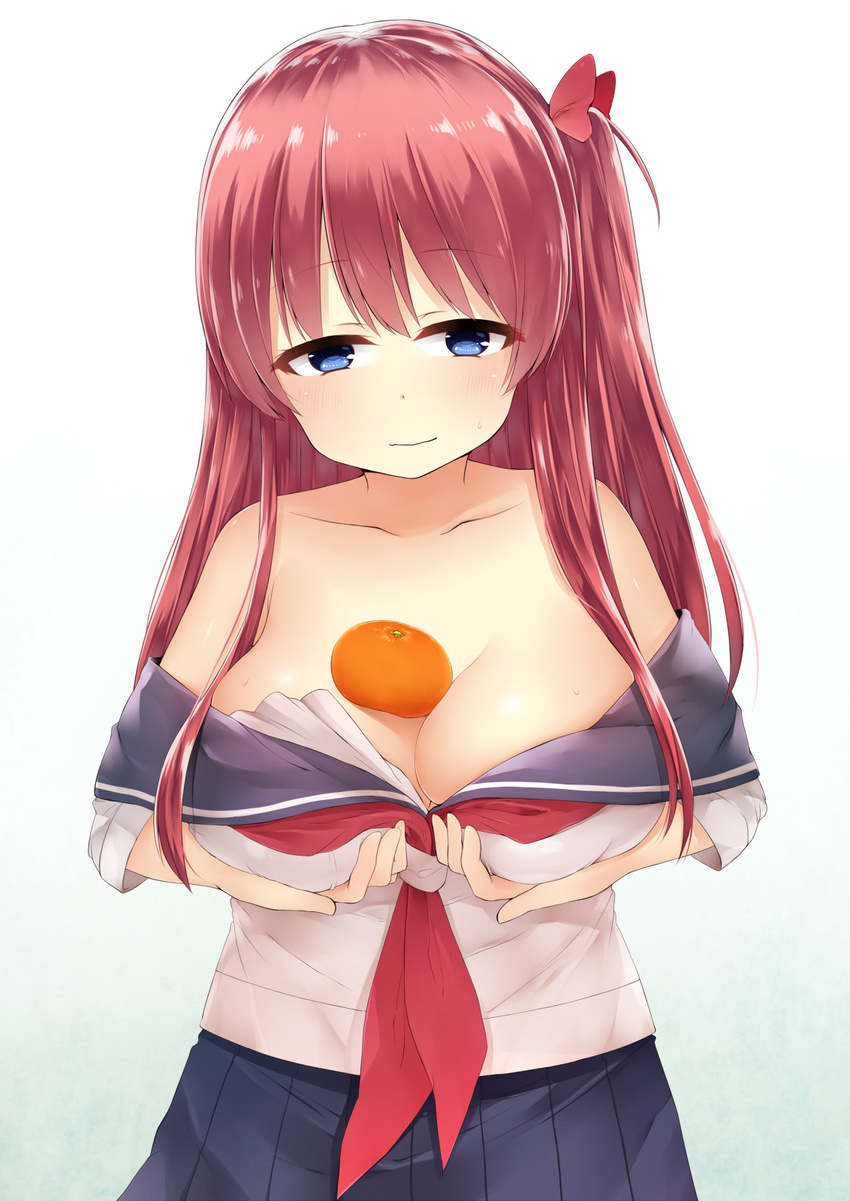 akky_(akimi1127) blue_eyes blush breasts cleavage food fruit haramura_nodoka highres kiyosumi_school_uniform large_breasts looking_at_viewer mandarin_orange oppai_mochi pink_hair saki school_uniform serafuku solo