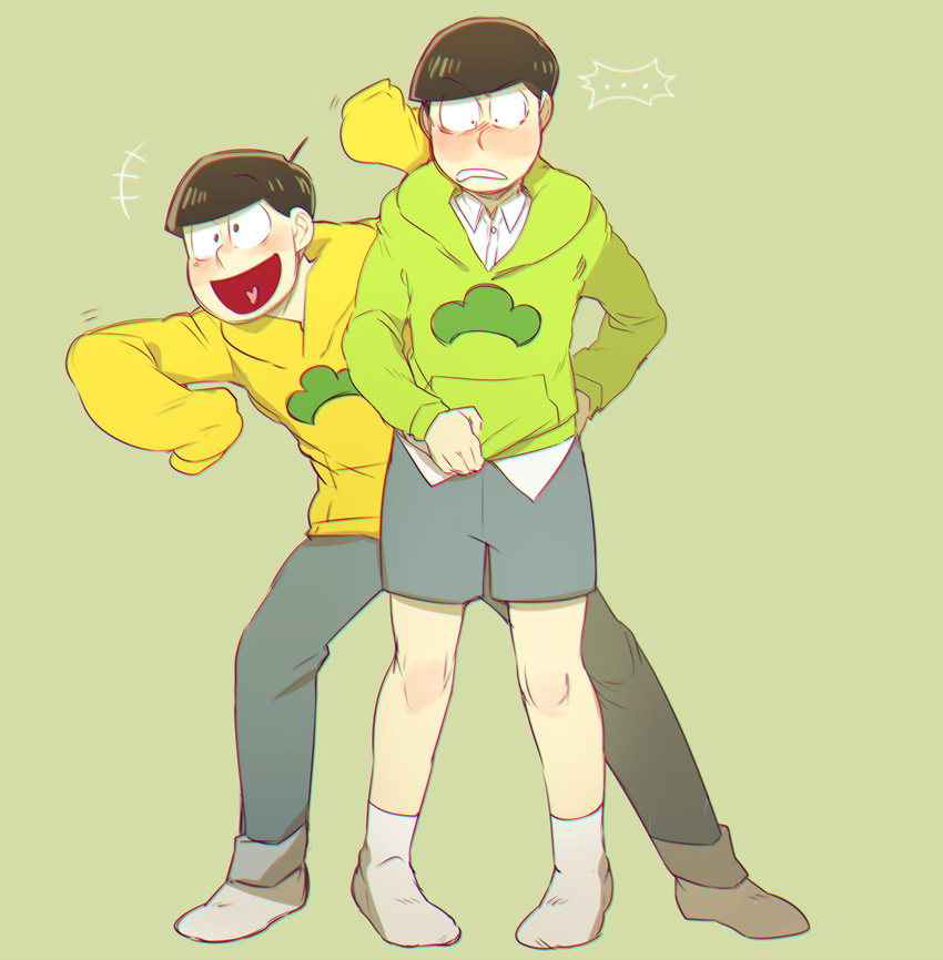 /\/\/\ 2boys adapted_costume blush brothers brown_hair chromatic_aberration denim denim_shorts dress_shirt green_background green_eyes heart heart_in_mouth highres hood hoodie jeans long_sleeves looking_down male_focus matsuno_choromatsu matsuno_juushimatsu multiple_boys nyaph open_mouth osomatsu-kun osomatsu-san pants shirt shorts siblings simple_background sleeves_past_wrists socks spoken_ellipsis wall-eyed