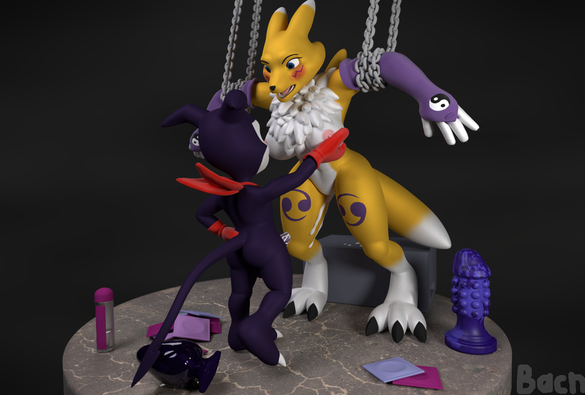 2016 3d_(artwork) after_sex bacn balls blush breasts buttplug canine cgi chain condom cum cum_drip digimon digital_media_(artwork) dildo dripping female forced fox grope impmon male male/female mammal nipples nude open_mouth penis rape renamon sex_toy simple_background