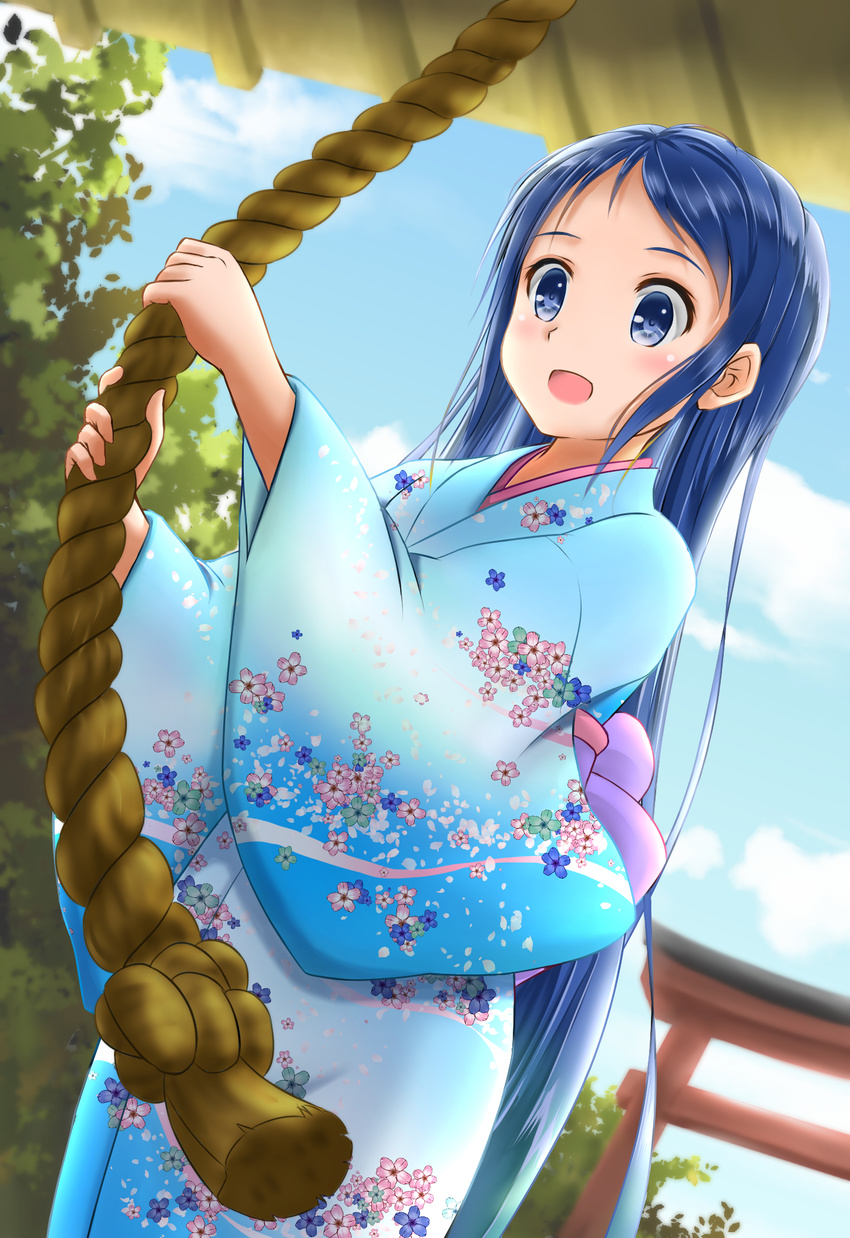 :d alternate_costume bangs blue_eyes blue_hair blush cloud commentary_request day dutch_angle floral_print hatsumoude highres japanese_clothes kantai_collection kimono long_hair long_sleeves new_year obi open_mouth outdoors rope samidare_(kantai_collection) sash shimenawa shrine shrine_bell smile solo torii very_long_hair watage_(wata) wide_sleeves