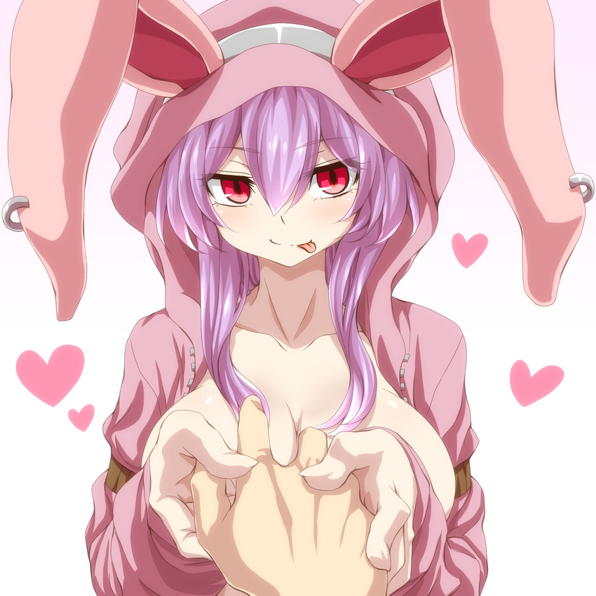 animal_hood blush breasts bunny_hood carro_(watarui) center_opening earrings heart highres holding_hands hood hoodie jewelry large_breasts long_hair long_sleeves looking_at_viewer naked_hoodie open_clothes original out_of_frame purple_hair red_eyes shiny shiny_skin simple_background smile solo_focus tongue tongue_out upper_body watarui white_background