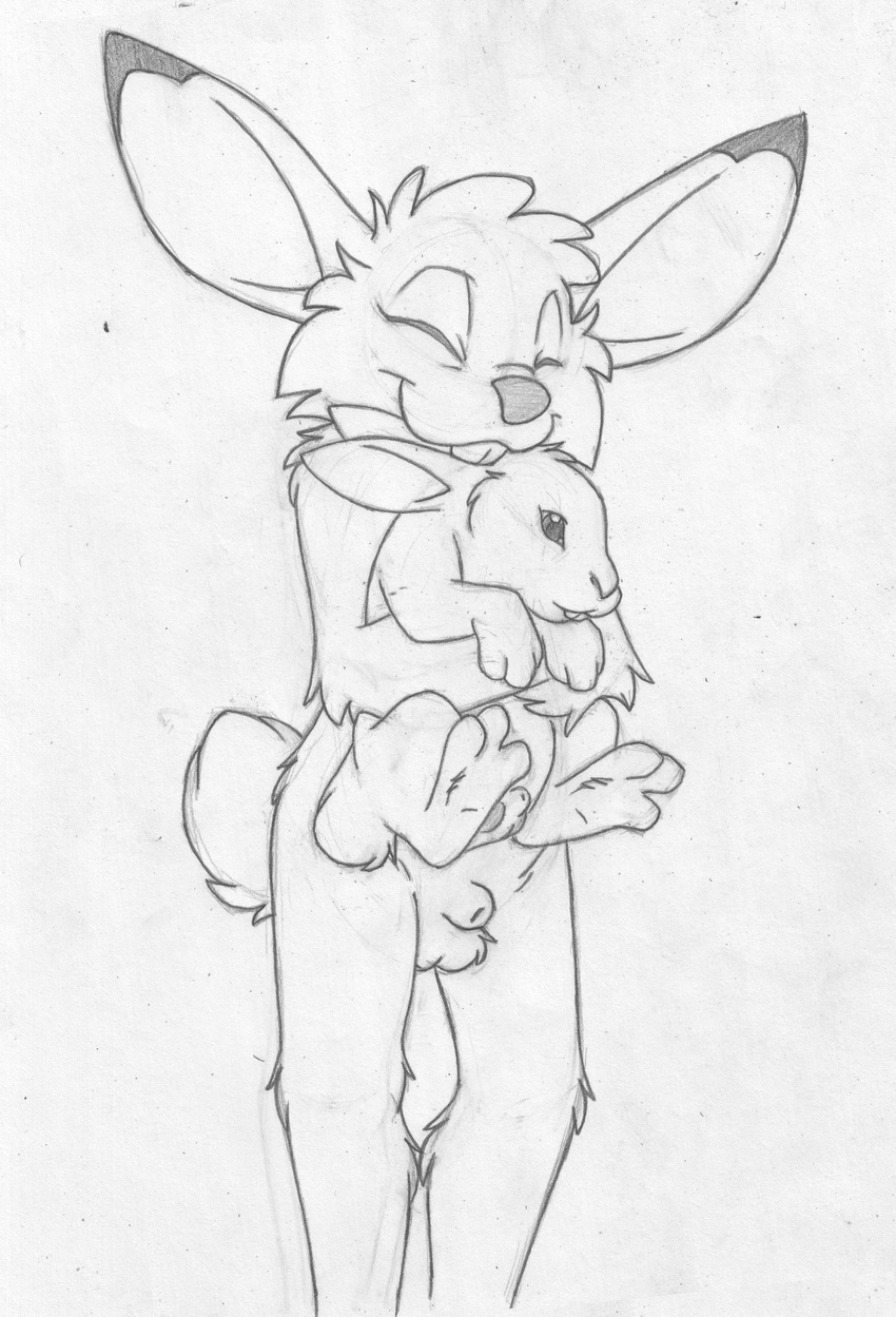 anatomically_correct anthro anthro_on_feral balls bestiality buckteeth eyes_closed feral front_view greyscale hug jake_cottontail lagomorph lifted male male/male mammal mizzyam monochrome nude pencil_(artwork) rabbit sheath size_difference smile standing teeth traditional_media_(artwork)