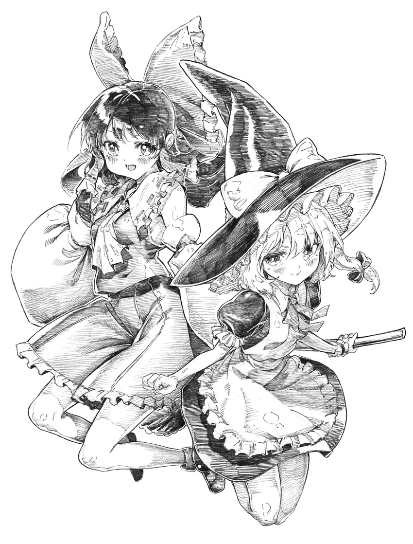 absurdres alternate_hair_length alternate_hairstyle apron bow braid broom detached_sleeves graphite_(medium) greyscale hair_bow hair_tubes hakurei_reimu hat hat_bow highres kirisame_marisa long_sleeves monochrome multiple_girls open_mouth oshake puffy_short_sleeves puffy_sleeves shirt short_sleeves single_braid skirt skirt_set smile touhou traditional_media wide_sleeves witch_hat