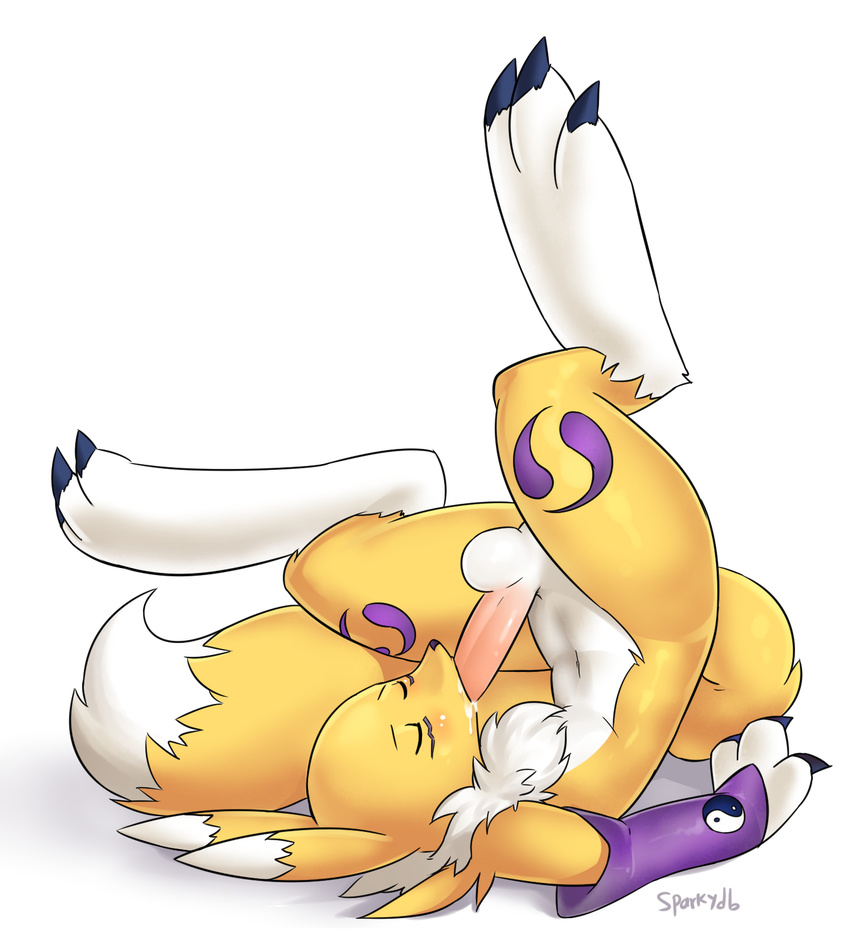 armwear autofellatio balls blush canine cum cum_from_mouth cum_in_mouth cum_inside digimon digital_media_(artwork) erection eyes_closed fox male mammal masturbation on_shoulders oral penis renamon signature sparkydb