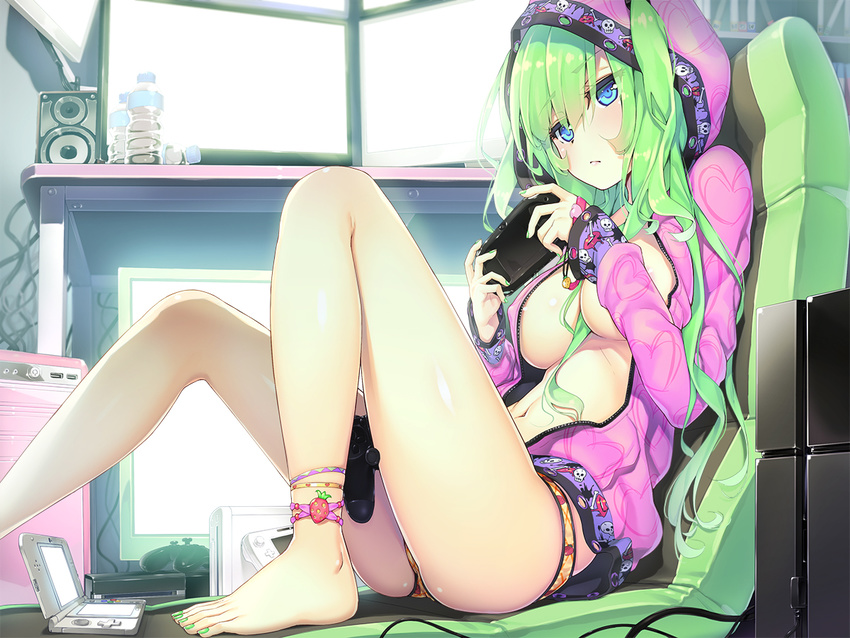 anklet areola_slip areolae ass barefoot blue_eyes bracelet breasts controller covered_nipples from_side game_console game_controller gamepad green_hair hair_between_breasts handheld_game_console hood hoodie jewelry large_breasts long_hair long_legs looking_at_viewer nail_polish naked_hoodie navel nintendo_3ds original panties peragura plaid plaid_panties playstation_vita sitting solo speaker toenail_polish underwear wii_u yellow_panties