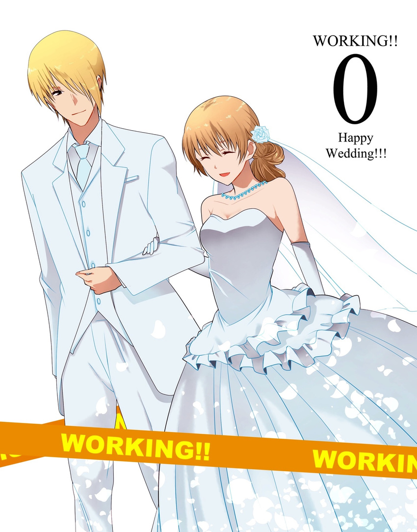 1girl bare_shoulders blonde_hair bridal_veil bride brown_hair closed_eyes couple dress elbow_gloves formal gloves groom hair_over_one_eye hetero highres jewelry long_hair necklace satou_jun short_hair smile suit taka_ane todoroki_yachiyo veil wedding wedding_dress working!!