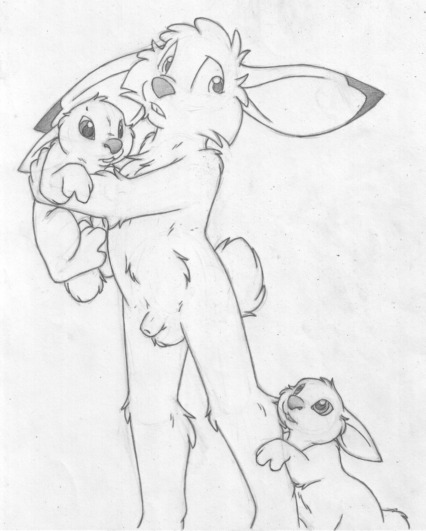 anthro anthro_on_feral balls bestiality buckteeth feral greyscale group jake_cottontail lagomorph lifted looking_down looking_up male male/male mammal mizzyam monochrome nude pencil_(artwork) rabbit sheath size_difference standing teeth traditional_media_(artwork)