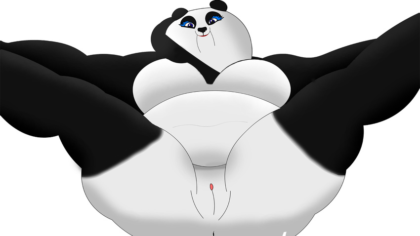 andromaxximus anus bear belly black_fur blue_eyes butt eyelashes female fur inviting kung_fu_panda looking_at_viewer mammal mei_mei nude obese overweight panda pussy spread_legs spreading white_fur