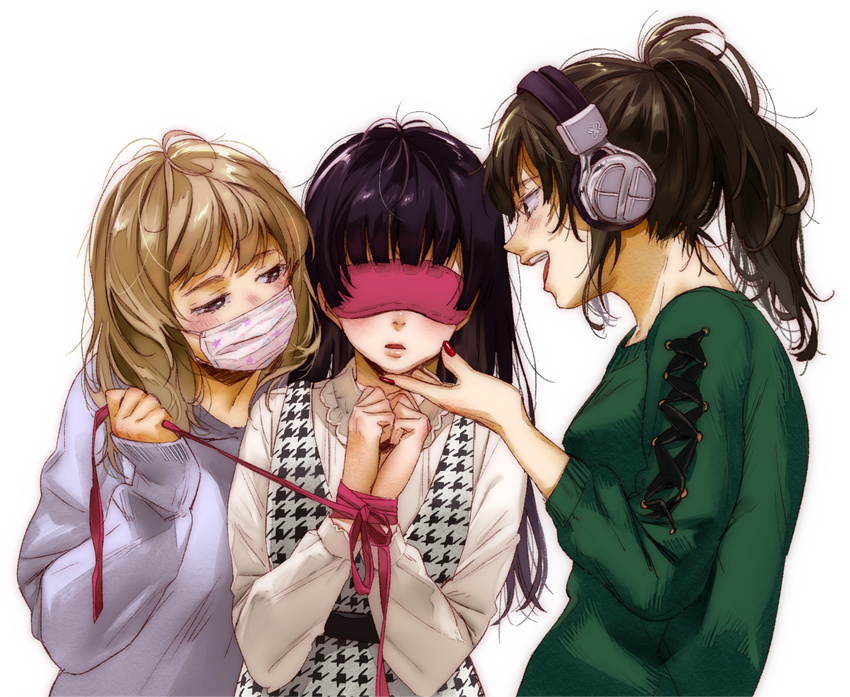 bad_id bad_twitter_id black_hair blindfold blush bound bound_wrists brown_hair cross-laced_clothes hand_on_another's_chin headphones houndstooth kamiyama_aya long_hair looking_at_another messy_hair multiple_girls nail_polish open_mouth original parted_lips ponytail red_blindfold ribbon sleep_mask sleeves_past_wrists star star_print surgical_mask sweater three_monkeys yuri