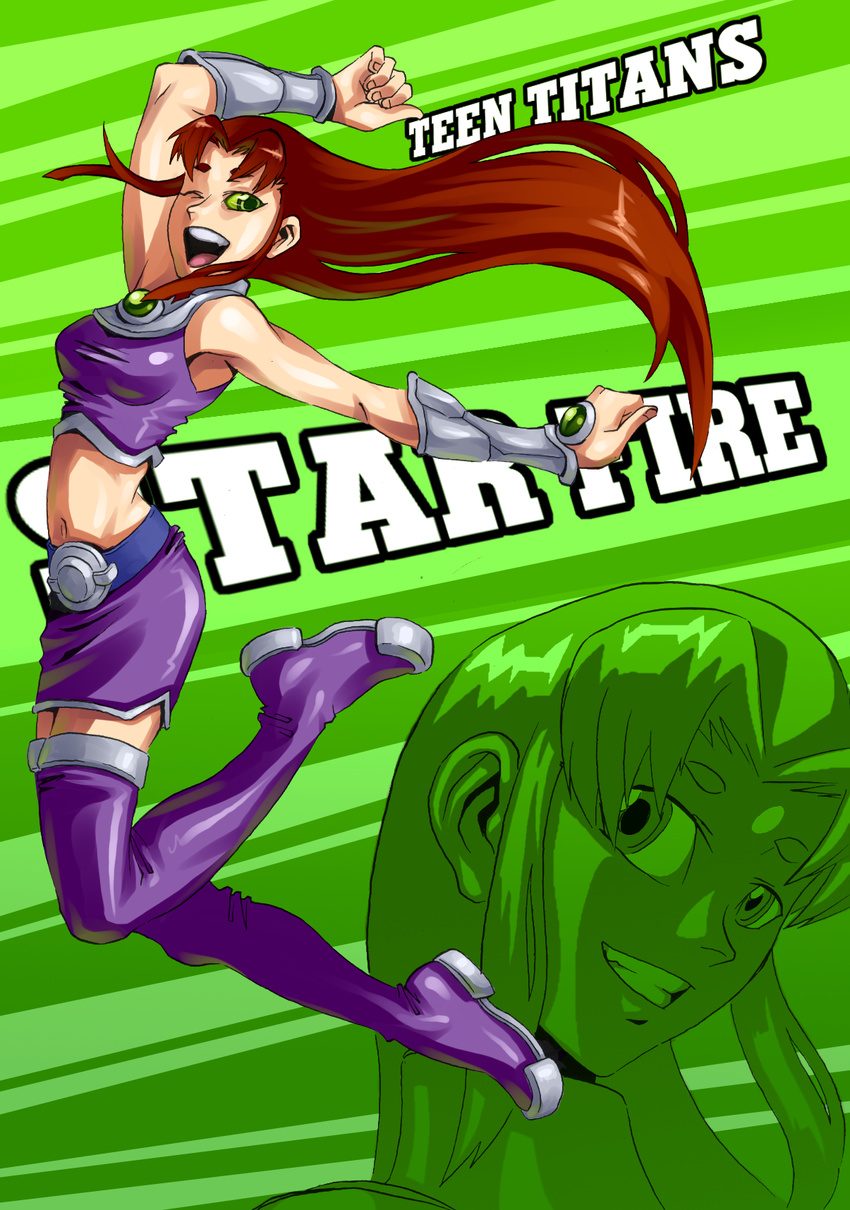 :d ;d boots breasts brown_hair character_name dc_comics eyebrows full_body green_background green_eyes grin highres medium_breasts midriff navel one_eye_closed open_mouth projected_inset purple_footwear ryuusei_(mark_ii) skirt smile solo starfire teen_titans thigh_boots thighhighs vambraces zettai_ryouiki