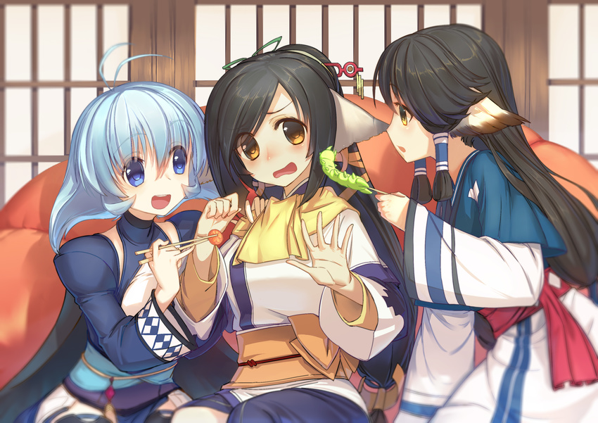 :d absurdres animal_ears antenna_hair aruruw black_hair black_wings blue_eyes blue_hair hair_tubes highres kamyu kuon_(utawareru_mono) long_hair multiple_girls open_mouth short_hair smile traditional_clothes utawareru_mono utawareru_mono:_itsuwari_no_kamen wings wukloo yellow_eyes