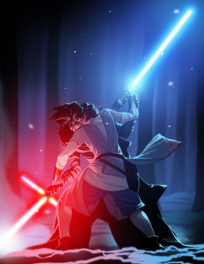 1girl absurdres battle cape duel energy_sword epic gloves highres jedi kylo_ren lightsaber mask mask_removed mike_nesbitt realistic rey_(star_wars) science_fiction signature sith size_difference snow snowing spoilers star_wars star_wars:_the_force_awakens starkiller_base sword triple_bun weapon