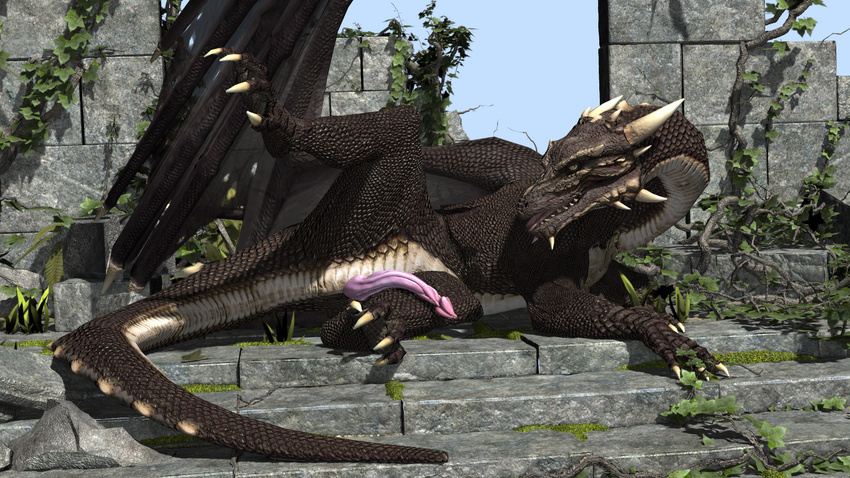 black_scales cgi claws digital_media_(artwork) feral looking_at_viewer lying male on_side penis raised_leg scales seductive sharp_teeth smile teeth tongue tongue_out white_countershading white_scales wings