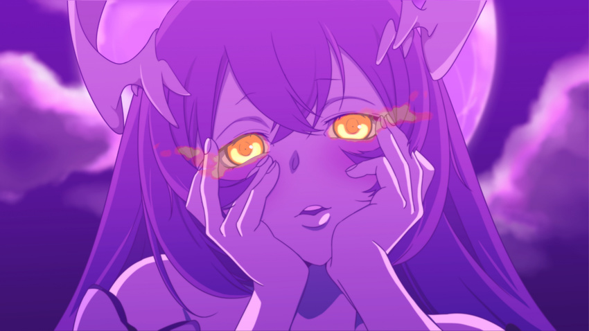 anchorage_water_oni bare_shoulders blush close-up cloud face full_moon glowing glowing_eyes hands_on_own_cheeks hands_on_own_face horns kantai_collection long_hair looking_at_viewer mai_(maika_04) mirai_nikki moon night night_sky open_mouth pale_skin parody shinkaisei-kan sky solo white_skin yandere_trance yellow_eyes