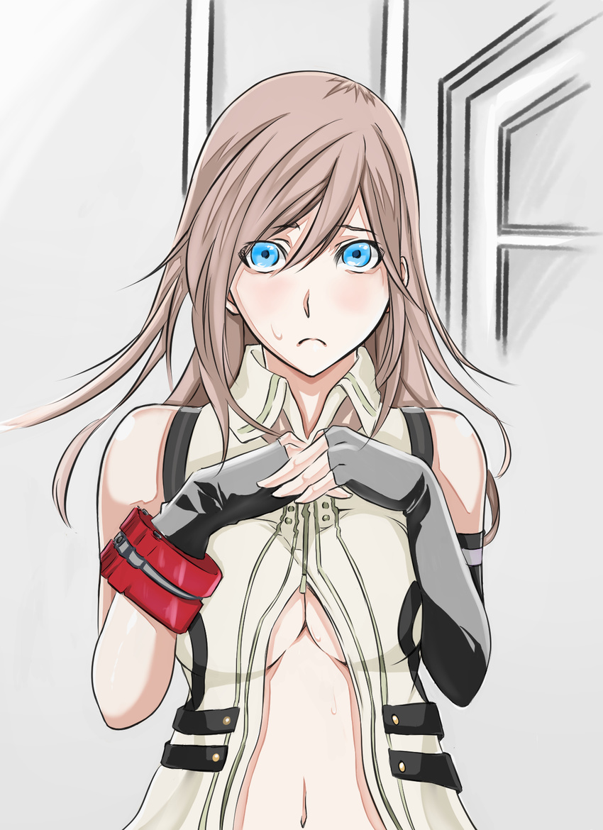 alisa_ilinichina_amiella alisa_ilinichina_amiella_(cosplay) asymmetrical_clothes bad_id bad_pixiv_id blue_eyes bracelet breasts brown_hair cleavage cosplay elbow_gloves final_fantasy final_fantasy_xiii fingerless_gloves frown gloves god_eater highres indoors jewelry lightning_farron long_hair looking_at_viewer medium_breasts murabito_sono2 solo sweatdrop underboob upper_body