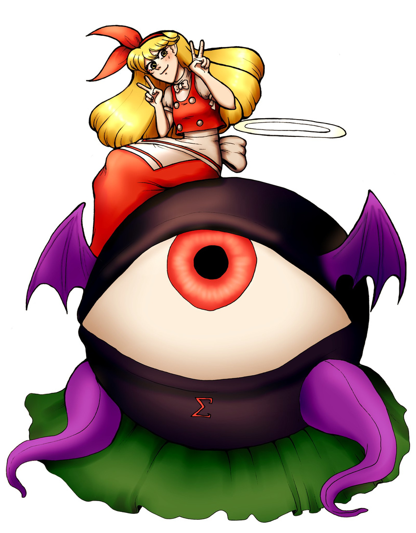apron bat_wings blonde_hair blush bow bowtie buttons double_v ellen evil_eye_sigma eyeball green_eyes hair_ribbon hairband halo hand_gesture head_tilt highres long_hair long_skirt looking_at_another looking_at_viewer moonywitcher purple_wings red_eyes red_ribbon red_skirt red_vest ribbon shirt short_sleeves simple_background sitting skirt smile touhou touhou_(pc-98) v vest white_background white_bow white_neckwear white_shirt wings yellow_eyes