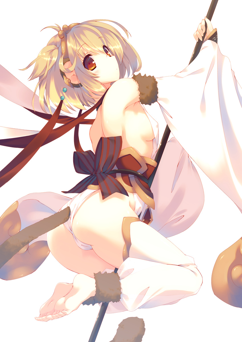 absurdres andira_(granblue_fantasy) animal_ears antenna_hair ass bangs bare_back barefoot blush bow breasts detached_leggings detached_sleeves erune eyebrows eyebrows_visible_through_hair feet full_body fur_trim granblue_fantasy hairband highres holding holding_staff holding_weapon leotard monkey_ears monkey_tail mutsuno_hekisa orange_eyes red_ribbon ribbon sash short_hair sideboob small_breasts soles solo staff striped striped_bow striped_ribbon tail tail_through_clothes toe_scrunch toes transparent_background two_side_up weapon white_legwear