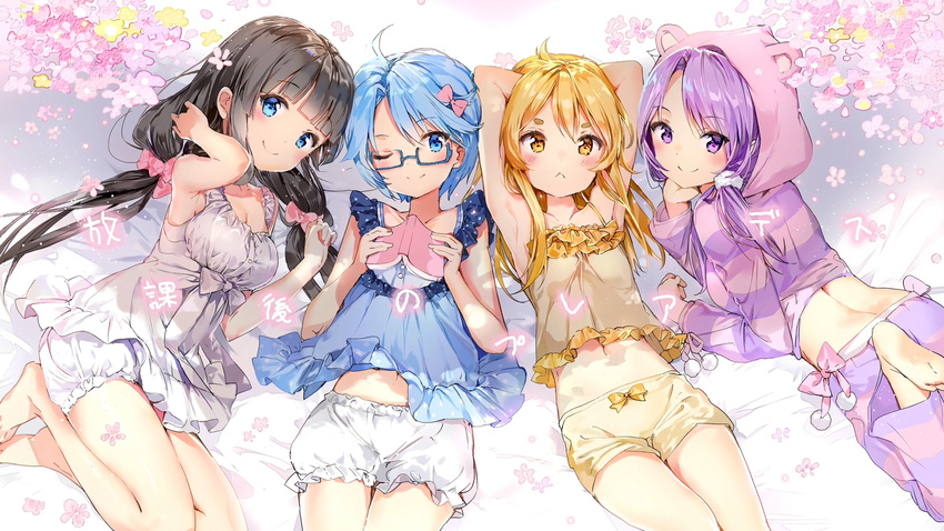 :&lt; ;) animal_hood anmi aoi_(houkago_no_pleiades) armpits arms_up barefoot black_hair blonde_hair bloomers blue-framed_eyewear blue_eyes blush book bow breasts chin_rest cleavage flat_chest glasses hair_bow highres hikaru_(houkago_no_pleiades) hood hoodie houkago_no_pleiades itsuki_(houkago_no_pleiades) large_breasts long_hair looking_at_viewer looking_back low_twintails lying medium_breasts midriff multiple_girls nanako_(houkago_no_pleiades) navel on_back one_eye_closed pajamas purple_eyes purple_hair semi-rimless_eyewear short_hair shorts smile twintails under-rim_eyewear underwear underwear_only wallpaper white_bloomers yellow_eyes