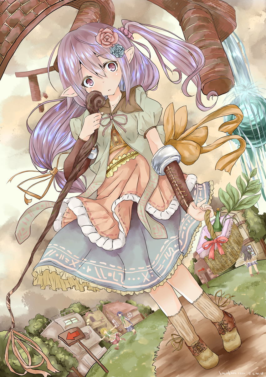 absurdres artist_name basket black_hair blonde_hair blue_hair bottle bow carrying commentary_request dutch_angle elf fantasy flower hair_flower hair_ornament highres jigsaw_(iori) long_hair looking_at_viewer low-tied_long_hair multiple_girls original pointy_ears purple_eyes purple_hair side_ponytail sign signpost solo_focus twitter_username village walking_stick