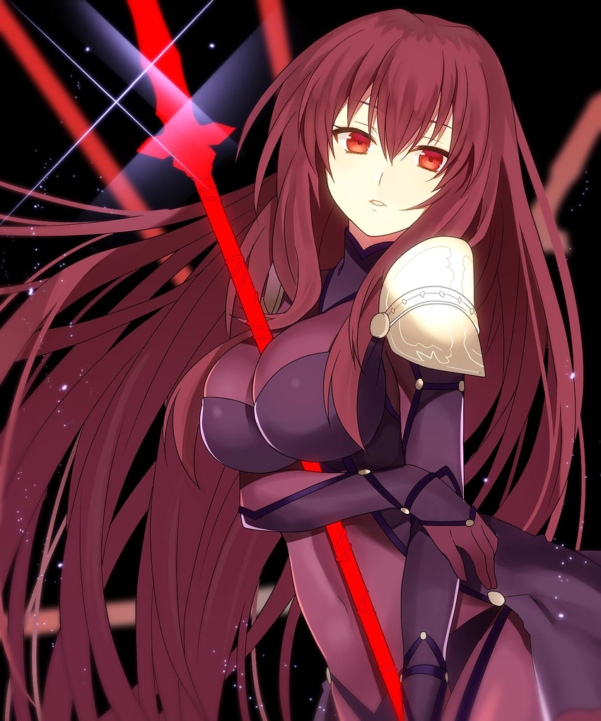 between_breasts bodysuit breasts cleavage fate/grand_order fate_(series) highres large_breasts long_hair looking_at_viewer parted_lips polearm purple_bodysuit red_eyes red_hair sanae_(satansanae) scathach_(fate)_(all) scathach_(fate/grand_order) solo spear very_long_hair weapon