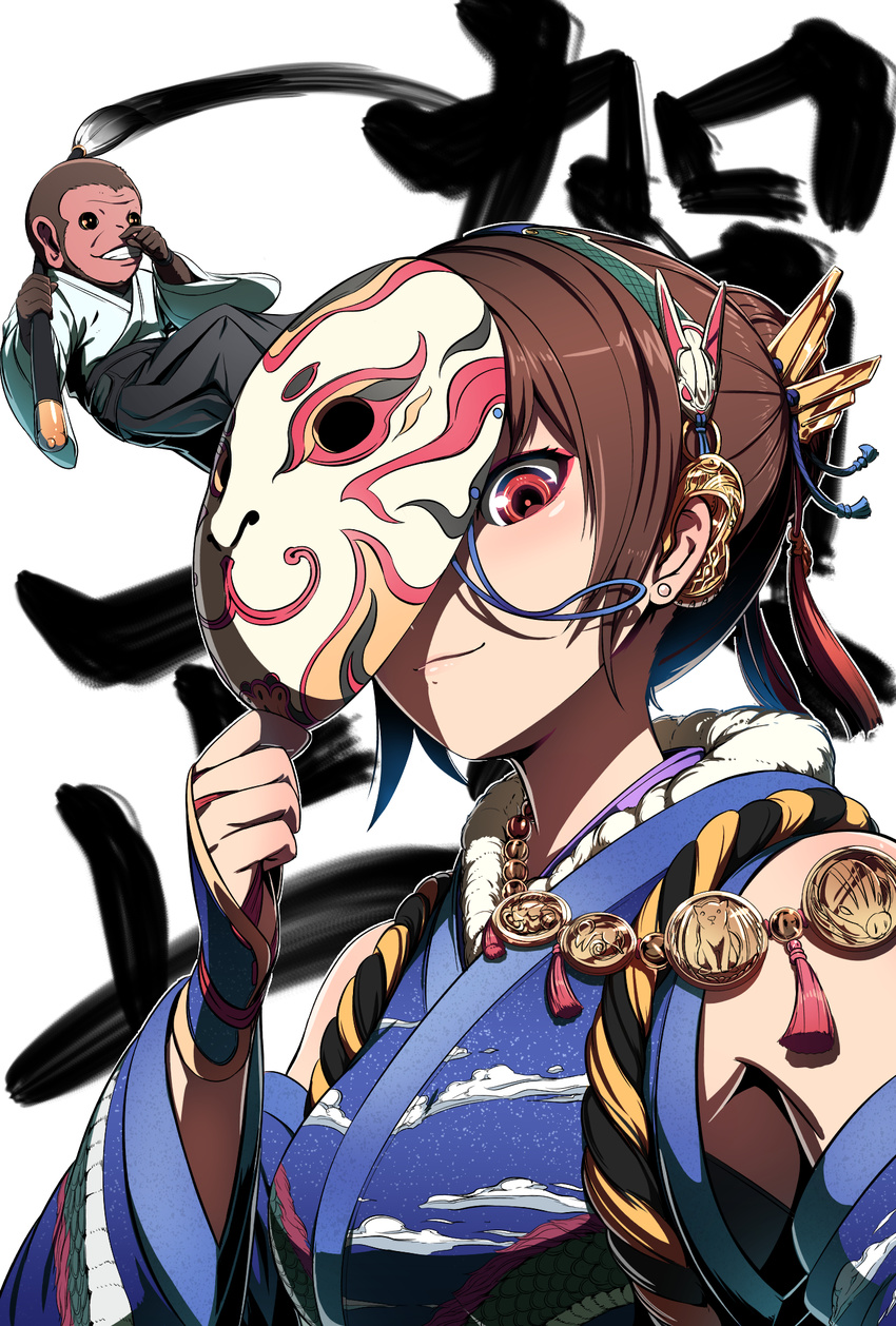 animal arm_guards armpits blush brown_fur brush calligraphy_brush close-up cloud_print coin detached_sleeves earrings evil_smile finger_to_face fur_trim glint grin hair_bun hair_ornament hairband highres japanese_clothes jewelry kimono kyousin long_sleeves looking_at_viewer mask mask_removed monkey necklace nose_picking one_eye_covered original paintbrush red_eyes removing_mask rope short_hair smile solo_focus talisman teeth wide_sleeves