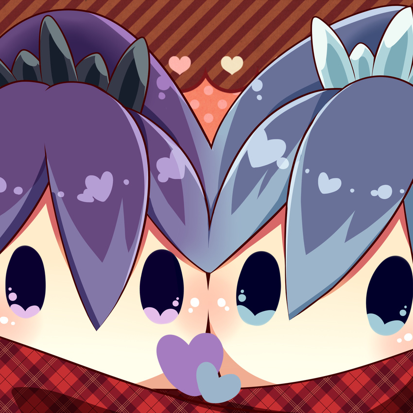 blue_eyes blue_hair chibi fubukihime heart high_ponytail highres hyakkihime long_hair multiple_girls no_mouth plaid purple_eyes purple_hair sakumado youkai youkai_watch