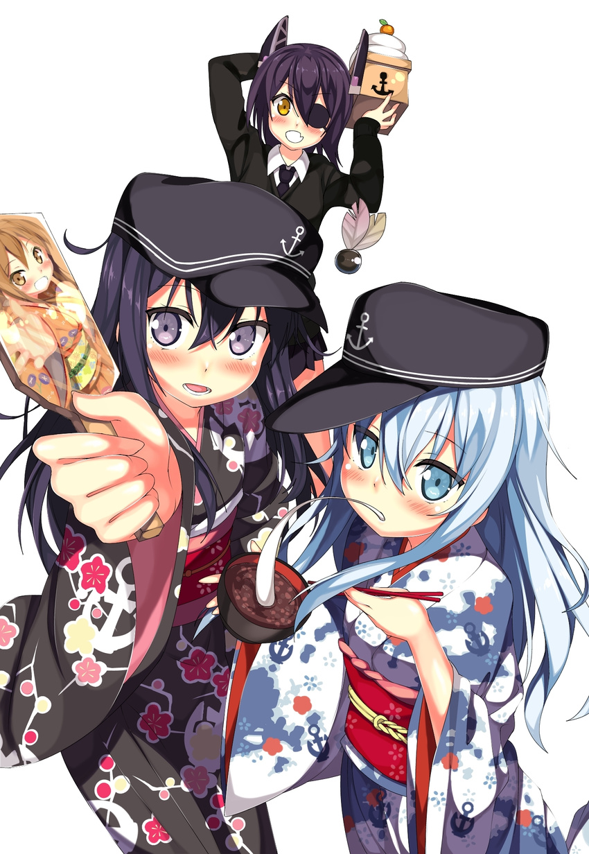 akatsuki_(kantai_collection) black_gloves blue_eyes blush brown_eyes brown_hair chopsticks dress_shirt eyepatch food furisode gloves hagoita hair_over_one_eye hat hibiki_(kantai_collection) highres inazuma_(kantai_collection) japanese_clothes kagami_mochi kantai_collection kantoku_(style) kawai kimono long_hair looking_at_viewer mochi multiple_girls necktie open_mouth paddle purple_eyes shirt shiruko_(food) short_hair silver_hair smile tenryuu_(kantai_collection) wagashi wide_sleeves yellow_eyes