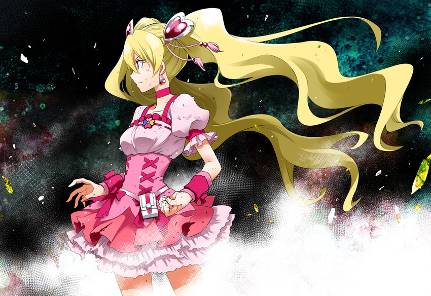 blonde_hair choker commentary_request cure_peach dress earrings eyelashes fresh_precure! frilled_dress frills hair_ornament heart heart_hair_ornament jewelry kurose_kousuke long_hair looking_to_the_side magical_girl momozono_love pink_choker pink_dress pink_hair precure puffy_sleeves serious solo standing twintails wrist_cuffs