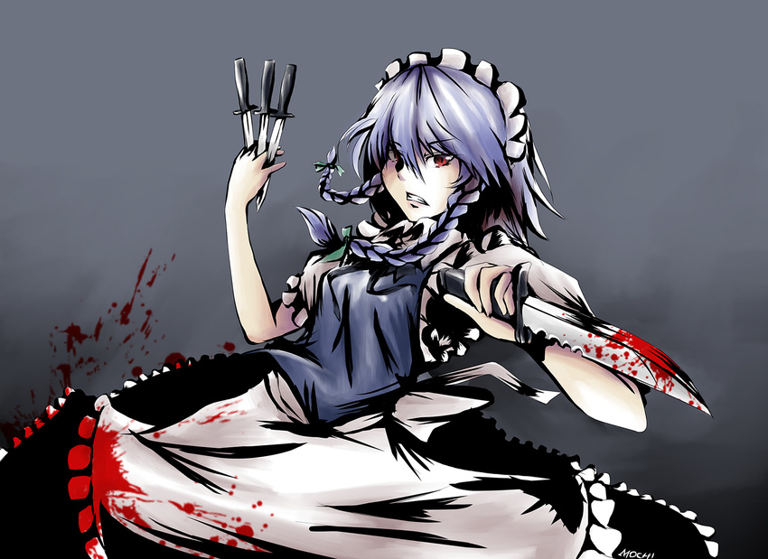 :d apron artist_name blood blood_splatter bloody_clothes bloody_knife blue_dress braid clenched_teeth collar cowboy_shot dress eyebrows eyebrows_visible_through_hair frills green_ribbon grey_background hair_ribbon holding holding_knife izayoi_sakuya knife knives_between_fingers looking_at_viewer maid maid_headdress mochi_(chain_csn) open_mouth red_eyes ribbon short_hair short_sleeves silver_hair simple_background smile solo teeth touhou twin_braids v-shaped_eyebrows