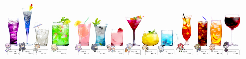 alcohol black_hair blanc blonde_hair blue_eyes blue_hair bow brown_hair chibi cocktail commentary compa cup d-pad drink drinking_glass green_eyes hair_bow hair_ornament hat highres ice if_(choujigen_game_neptune) kiseijou_rei long_hair long_image looking_at_viewer magiquone martini multiple_girls nepgear neptune_(choujigen_game_neptune) neptune_(series) noire pish purple_eyes purple_hair pururut ram_(choujigen_game_neptune) red_eyes red_wine ribbon rom_(choujigen_game_neptune) short_hair siblings sisters smile tennouboshi_uzume translated twins twintails two_side_up uni_(choujigen_game_neptune) vert wide_image yurax-mae