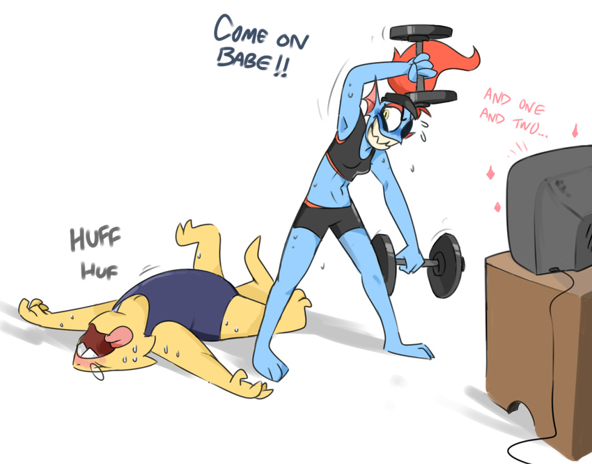 alphys duo exercise eye_patch eyewear female ponytail undertale undyne unknown_artist video_games weights