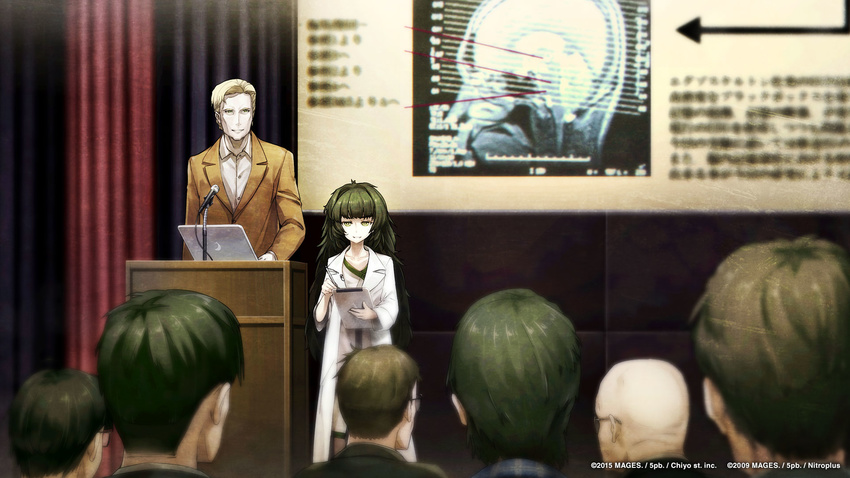 2015 bald black_hair blonde_hair blurry brown_jacket collarbone collared_shirt crowd directional_arrow formal game_cg glasses green_hair highres hiyajou_maho huke jacket labcoat lectern lecture long_hair long_sleeves official_art open_clothes pen shirt short_hair standing steins;gate steins;gate_0 suit text_focus white_shirt yellow_eyes