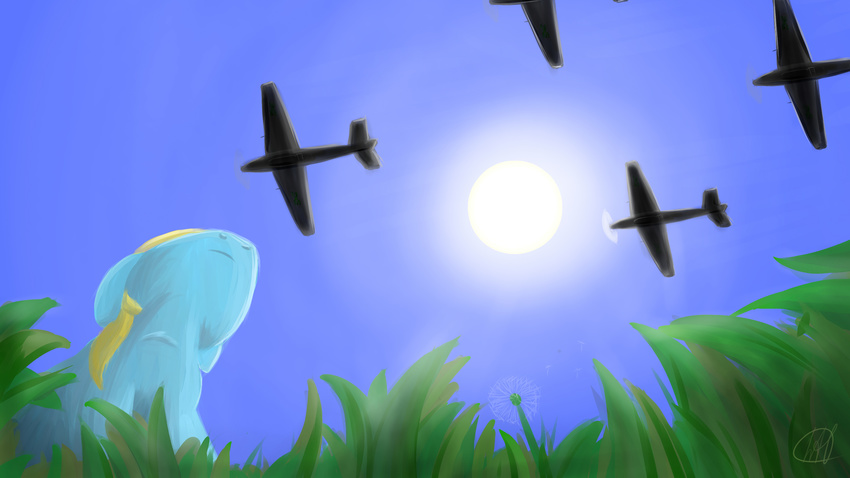 2014 aircraft airplane fan_character grass hair low-angle_view my_little_pony signature sky sun wan1357 worm's-eye_view