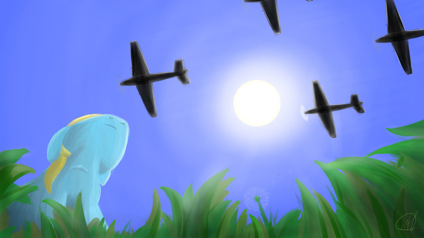 2014 aircraft airplane dandelion fan_character grass hair low-angle_view my_little_pony signature sky sun wan1357 worm's-eye_view