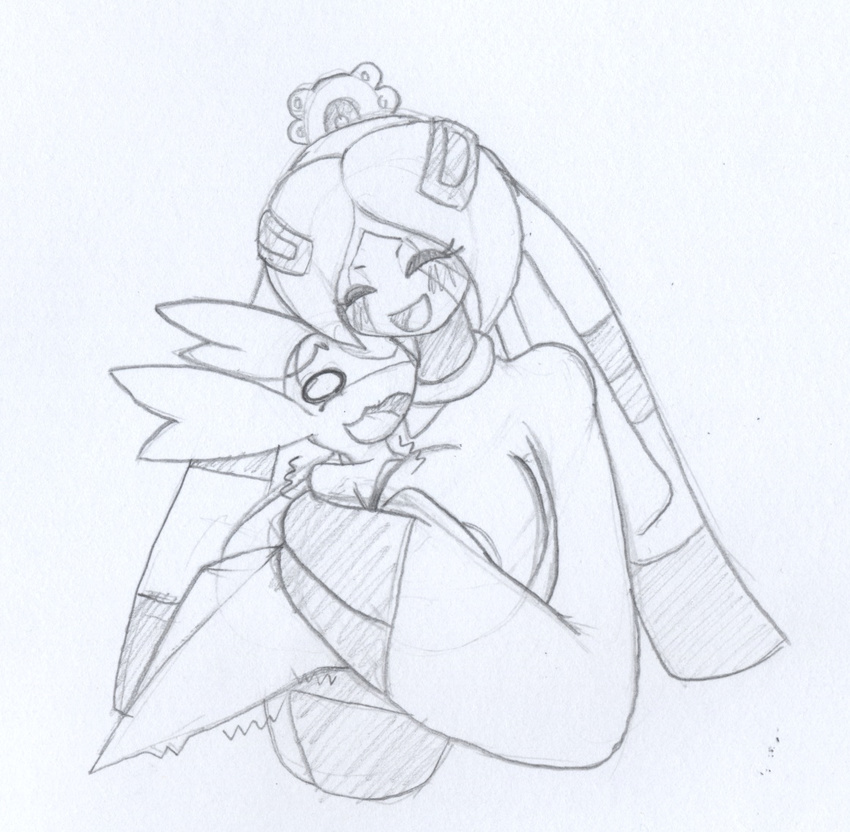 2015 anthro anthrofied bellaria big_breasts breasts bronzong duo eyes_closed fan_character female hug huge_breasts latiar latios legendary_pok&eacute;mon male male/female monochrome nintendo open_mouth pok&eacute;mon pok&eacute;morph simple_background size_difference sketch smile tongue traditional_media_(artwork) video_games white_background white_eyes