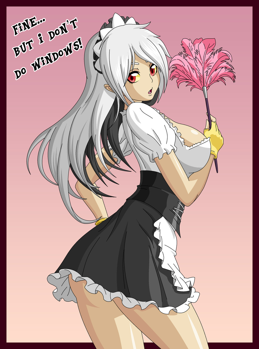 absurdres ass bangs black_border black_hair border breasts discord_(my_little_pony) english fang feather_duster fingerless_gloves genderswap genderswap_(mtf) gloves highres holding maid_headdress medium_breasts multicolored_hair my_little_pony my_little_pony_friendship_is_magic open_mouth personification red_eyes shadow sidelocks silver_hair solo zantyarz