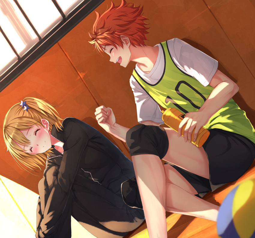 1girl blonde_hair blush bottle can clenched_hand closed_eyes dutch_angle haikyuu!! highres hinata_shouyou jacket jersey knee_pads open_mouth orange_hair short_hair shorts side_ponytail sitting smile sportswear swordsouls track_jacket track_suit volleyball water_bottle yachi_hitoka