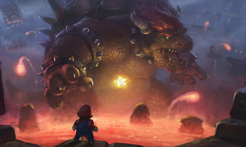 &gt;:( bowser brown_hair bubble choker claws clenched_hands confrontation epic faceoff fireball frown giant gloves glowing goomba grosnez hat horns koopa_troopa long_sleeves mario mario_(series) molten_rock open_mouth overalls red_hair red_hat red_shirt rock scales sharp_teeth shirt size_difference smiley_face spiked_armlet spiked_choker spiked_shell spikes standing star starman_(mario) super_mario_bros. teeth thwomp v-shaped_eyebrows white_gloves