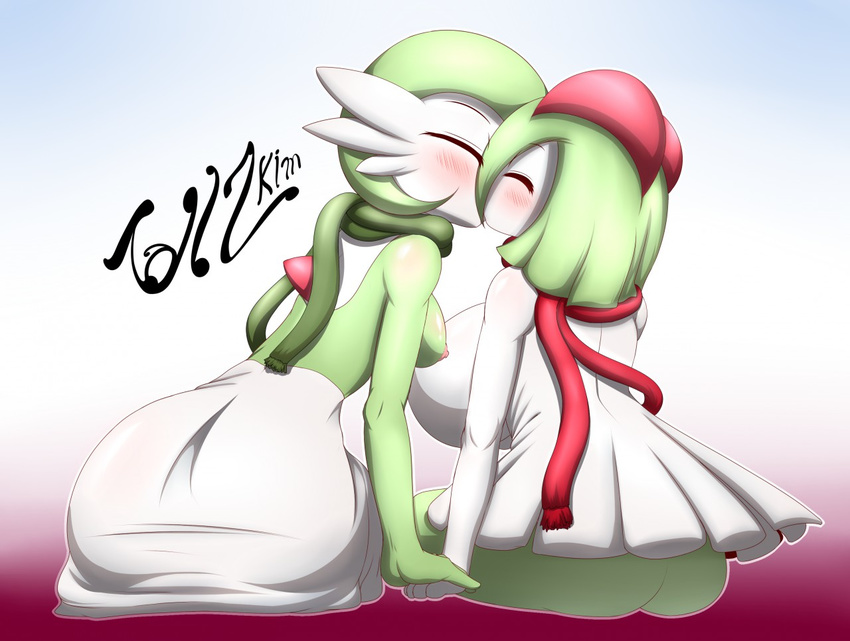 2016 anthro anthrofied areola big_breasts blue_background blush bottomless breasts butt clothed clothing duo english_text eyes_closed female female/female gardevoir green_hair green_skin hair half-dressed horn huge_breasts humanoid kirlia kissing nintendo nipples pok&eacute;mon pok&eacute;morph rear_view red_background scarf side_boob signature simple_background tailzkim text video_games white_background white_skin