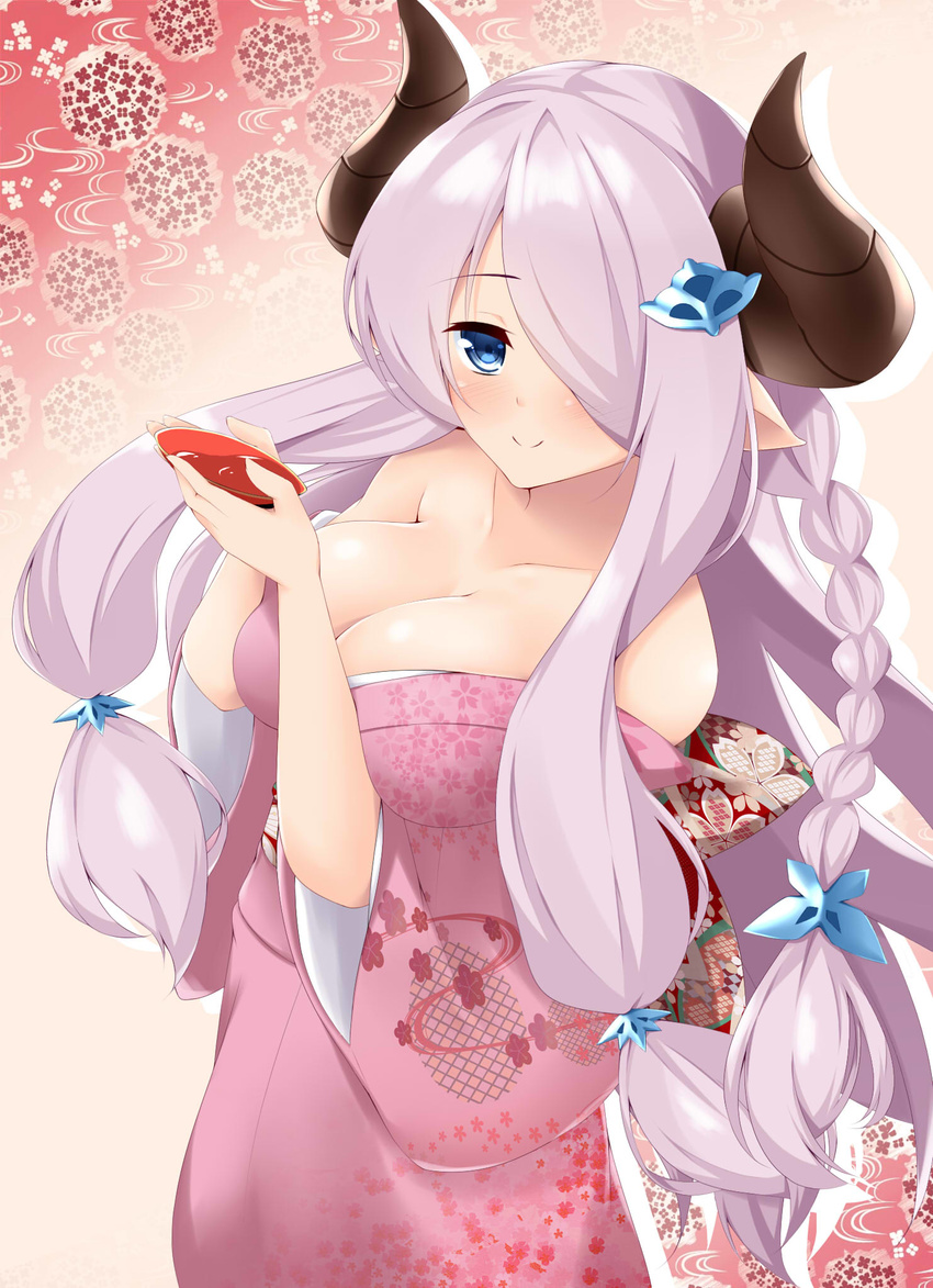 alcohol alternate_costume aria_(okuda08808008) bare_shoulders blue_eyes blush braid breasts butterfly_hair_ornament cherry_blossoms closed_mouth collarbone cowboy_shot cup demon_horns draph floral_background floral_print granblue_fantasy hair_ornament hair_over_one_eye highres holding horns japanese_clothes kimono large_breasts lavender_hair long_hair looking_at_viewer narmaya_(granblue_fantasy) obi off_shoulder pointy_ears print_kimono purple_hair sakazuki sake sash single_braid smile solo very_long_hair