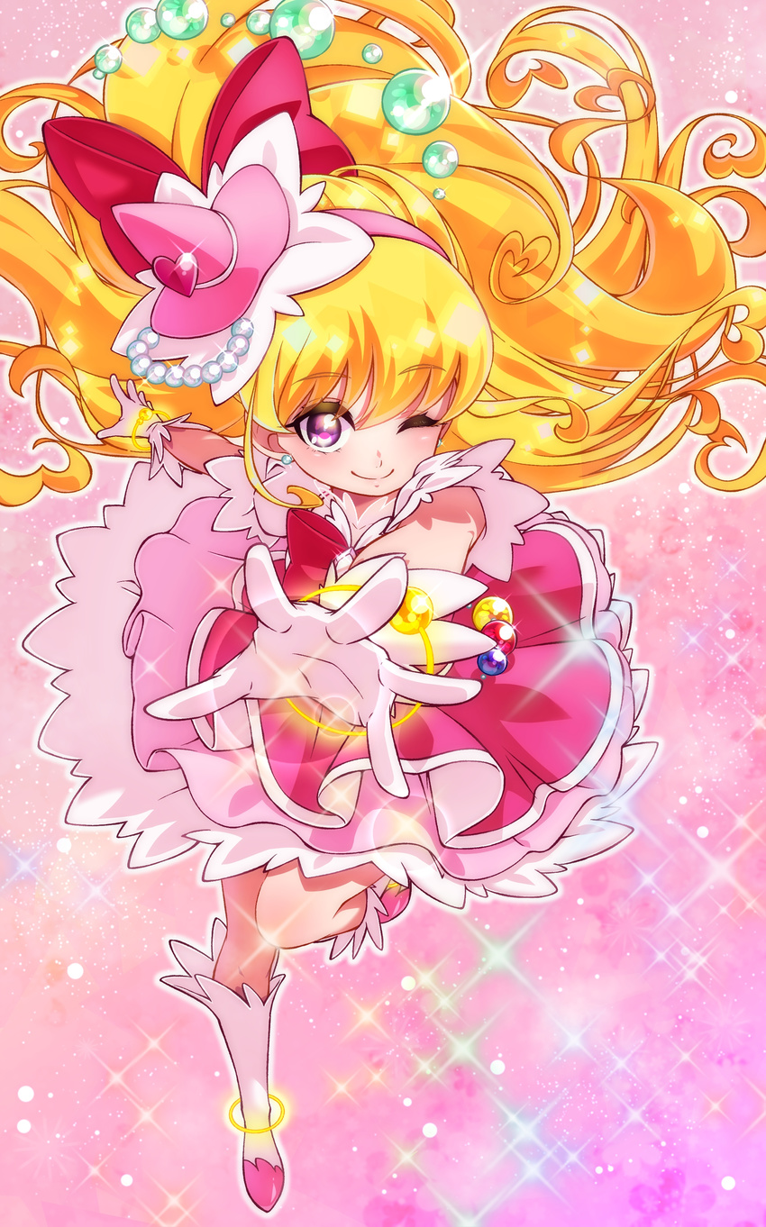 absurdres asahina_mirai blonde_hair boots bow cure_miracle full_body gloves hair_bow hairband hat highres knee_boots long_hair looking_at_viewer magical_girl mahou_girls_precure! mini_hat mini_witch_hat one_eye_closed outstretched_hand pink_background pink_hat pink_skirt precure purple_eyes red_bow skirt smile solo sparkle white_footwear white_gloves witch_hat yupiteru